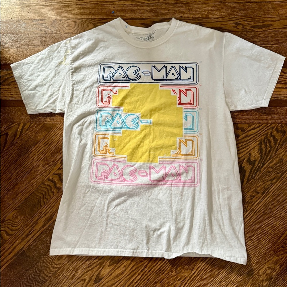 Pac-Man Graphic T-Shirt Mens Size Large 80's White Retro Arcade Gaming Tee‎